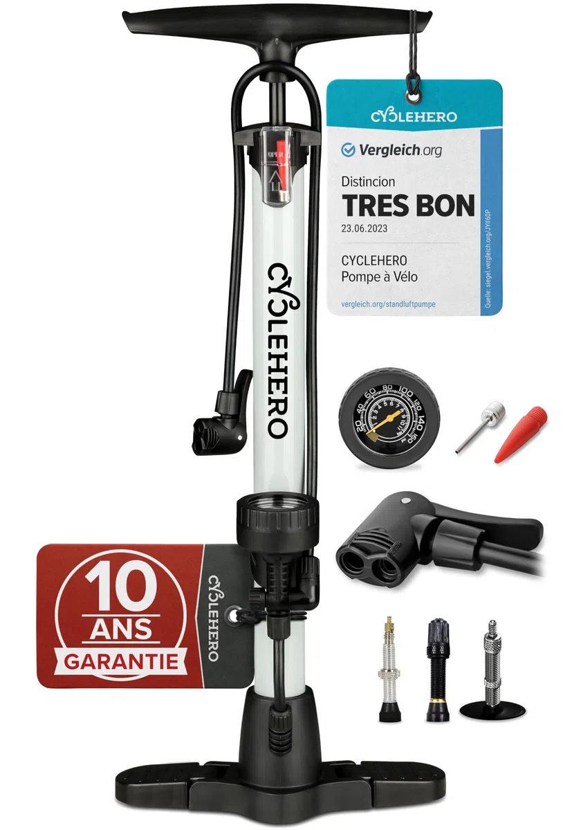Pompe à vélo toutes les valves * Test très bien - Garantie 10 ans * Pompe à air puissante pour vélo - Pompe à vélo à valve française - Pompe sur pied avec manomètre - Pompe à air sur pied