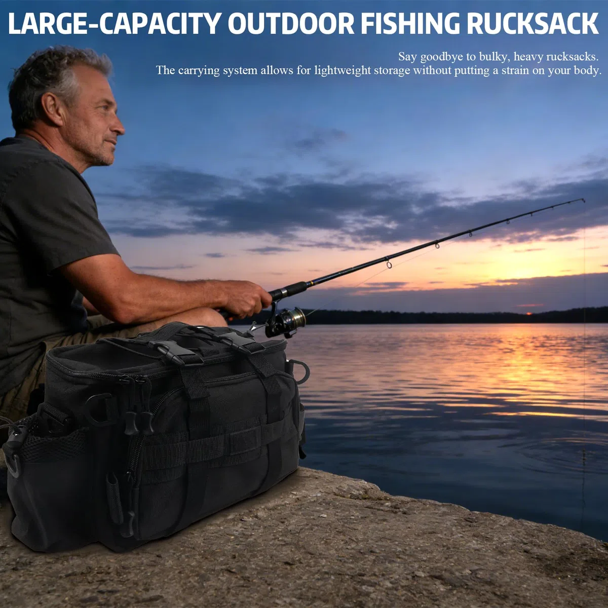 Sac de pêche - Sac de pêche - En tissu Oxford imperméable - Grande capacité - Multifonctionnel - Avec bandoulière rembourrée - Sangle ventrale - Pour pêcheurs - Noir