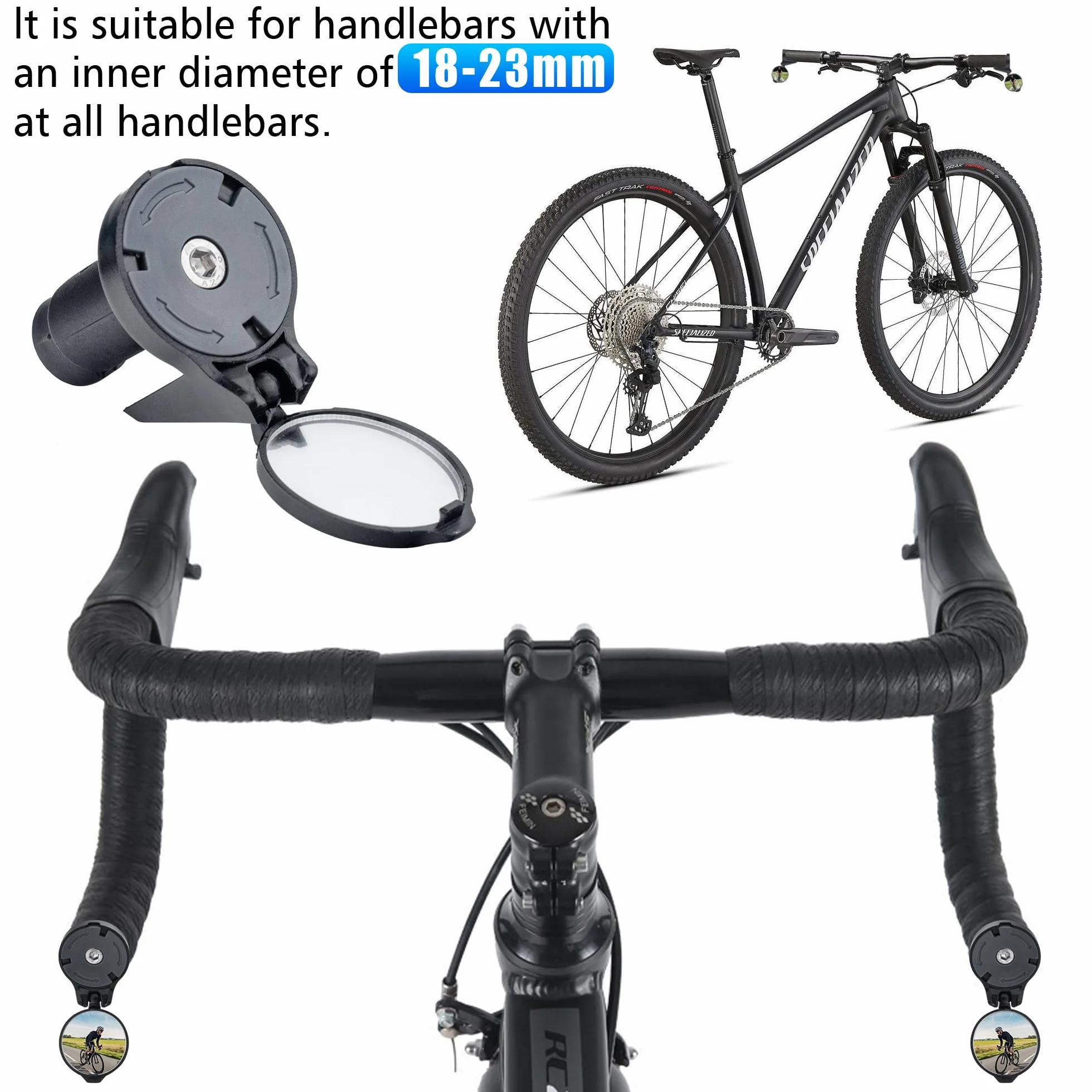 Miroir de rétroviseur pour extrémité de guidon en pack de 2 - Miroir de rétroviseur HD ajustable en verre convexe pour extrémité de barre de descente de vélo de route ou extrémité de guidon de vélo de