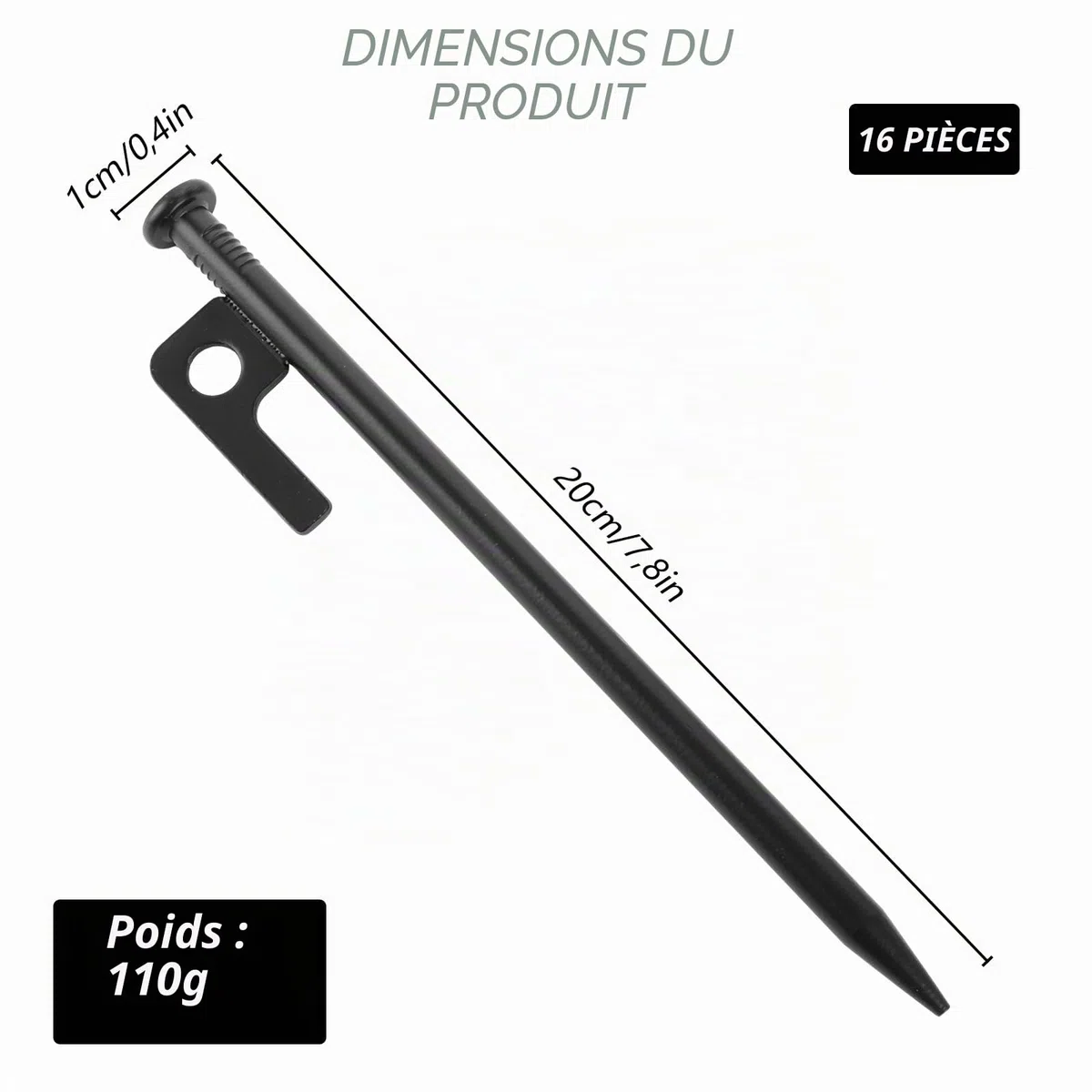 MIVIDE 16pcs Piquets de Tente en Acier, 20 cm Sardines de Fixation avec Crochets et Trou, Piquet de Fixation Robustes pour Camping, Trampolines, Randonnée
