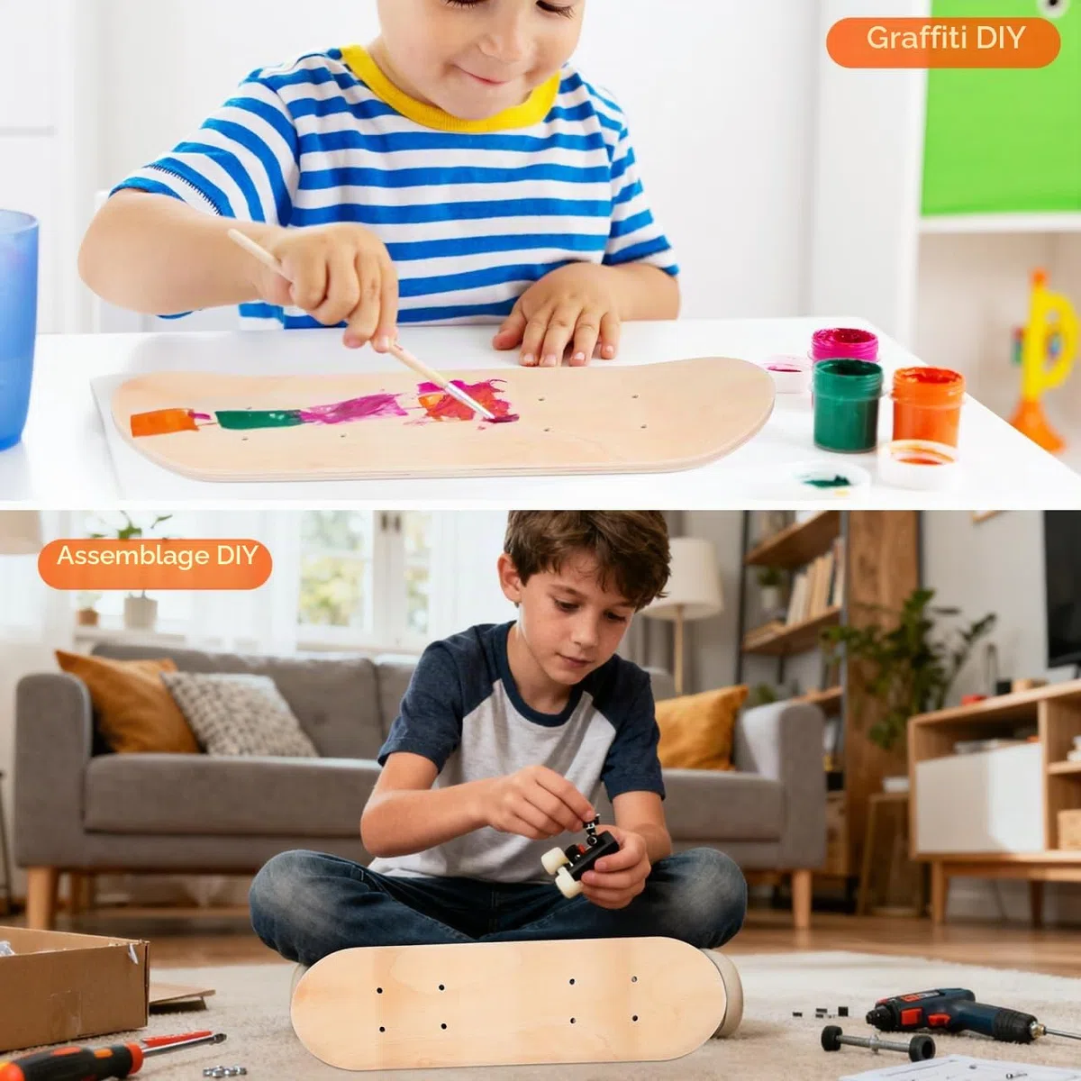 Amosfun Planche De Skateboard Vierge pour Enfants 16.93 Pouces Planche De Skateboard DIY avec Surface Blanche Et Trous Pré-Perçés pour Peinture Graffiti Et Installation Facile