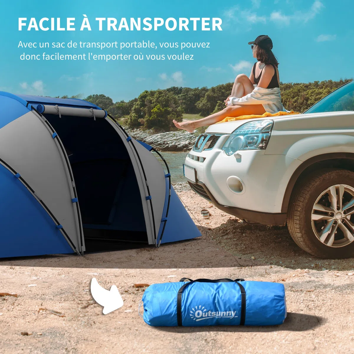 Outsunny Tente de Camping familiale 4 Personnes Tente dôme étanche légère, ventilée 2 cabines fenêtre Grande Porte Facile à Monter 4,3L x 2,4l x 1,7H m