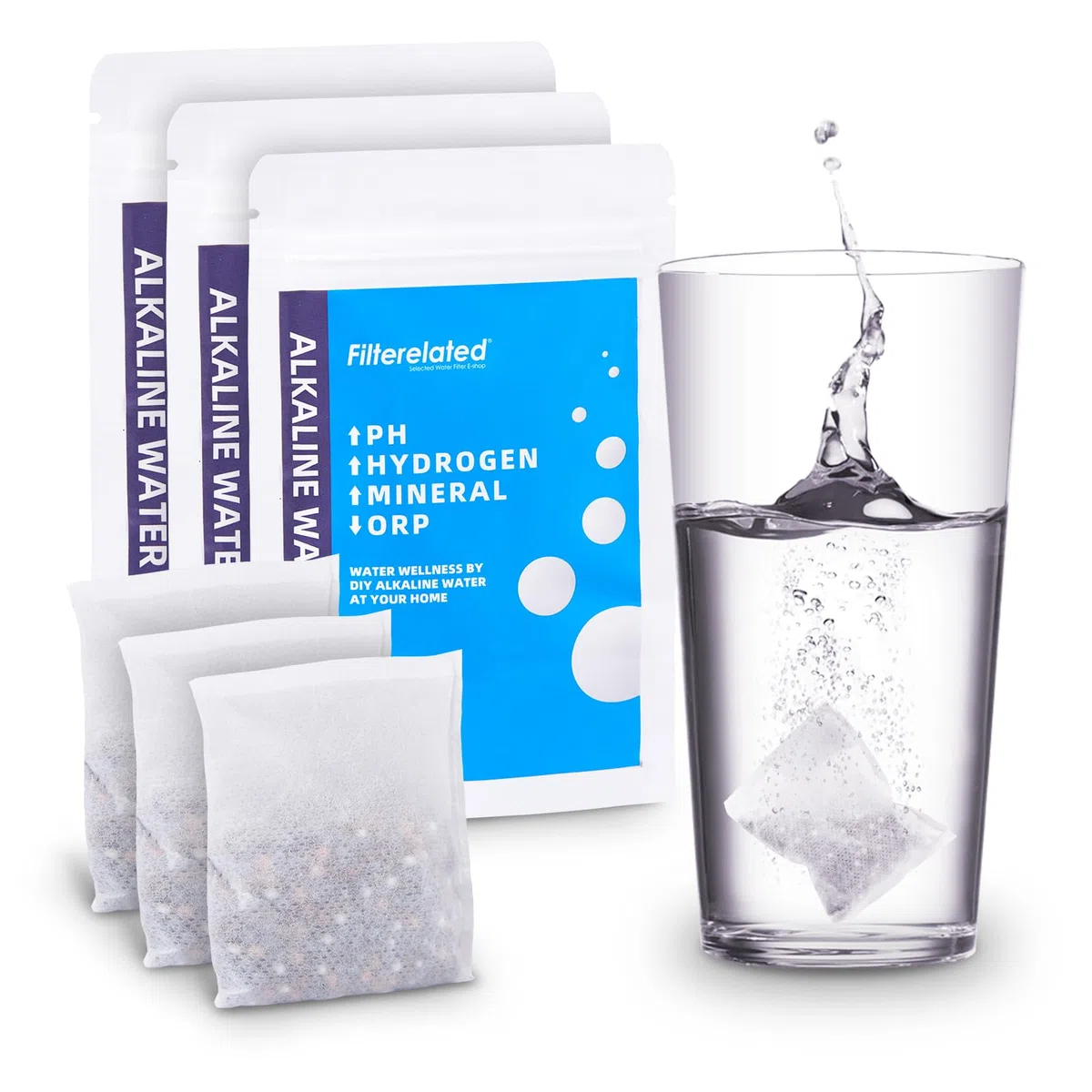 Pochette de filtre à eau alcaline riche en hydrogène pour bouteille, pichet, récipient, pH élevé 9 + sac filtrant portable pour bouteille d'eau longue durée (3 x 30 g)