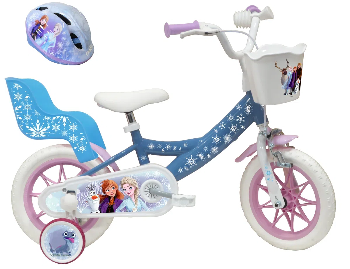 Disney Vélo 12' Reine des Neiges/Frozen équipé de 1 Frein, Panier Avant, Porte poupée arrière, Garde boues, Carter et stabilisateurs + Casque Reine des Neiges !