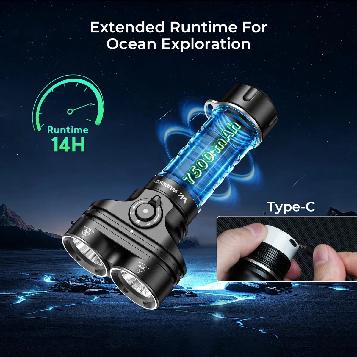 Wurkkos DL05 Lampe de plongée 6000 LM, torche LED subaquatique 14h autonomie, étanche IPX8 100m rechargeable Type-C, lampe tactique portable pour plongée tuba/nocturne