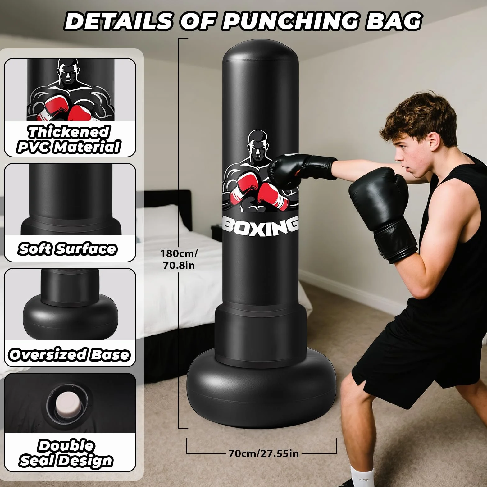 Sac de Frappe Adultes, 180cm Gonflable Punching Ball avec Gants Pompe à Air, Sac de Boxe sur Pied Enfants pour MMA Karaté Fitness Equipement de Boxe Idéal Cadeau Femmes et Hommes