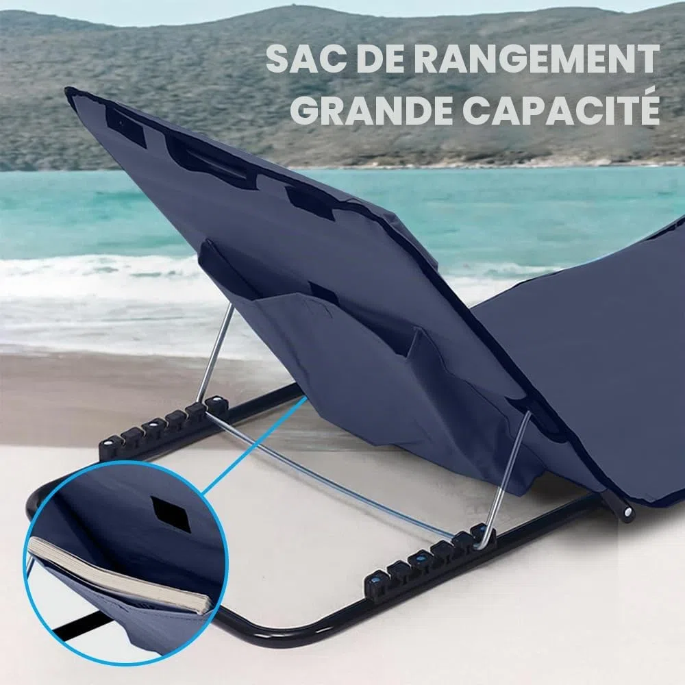 Matelas de Plage Pliable avec Dossier Réglable, Natte de Plage avec Dossier avec Sac de Transport, Tapis de Plage avec Dossier Inclinable, Tapis Plage avec Dossier, pour Plage, Jardin, Camping