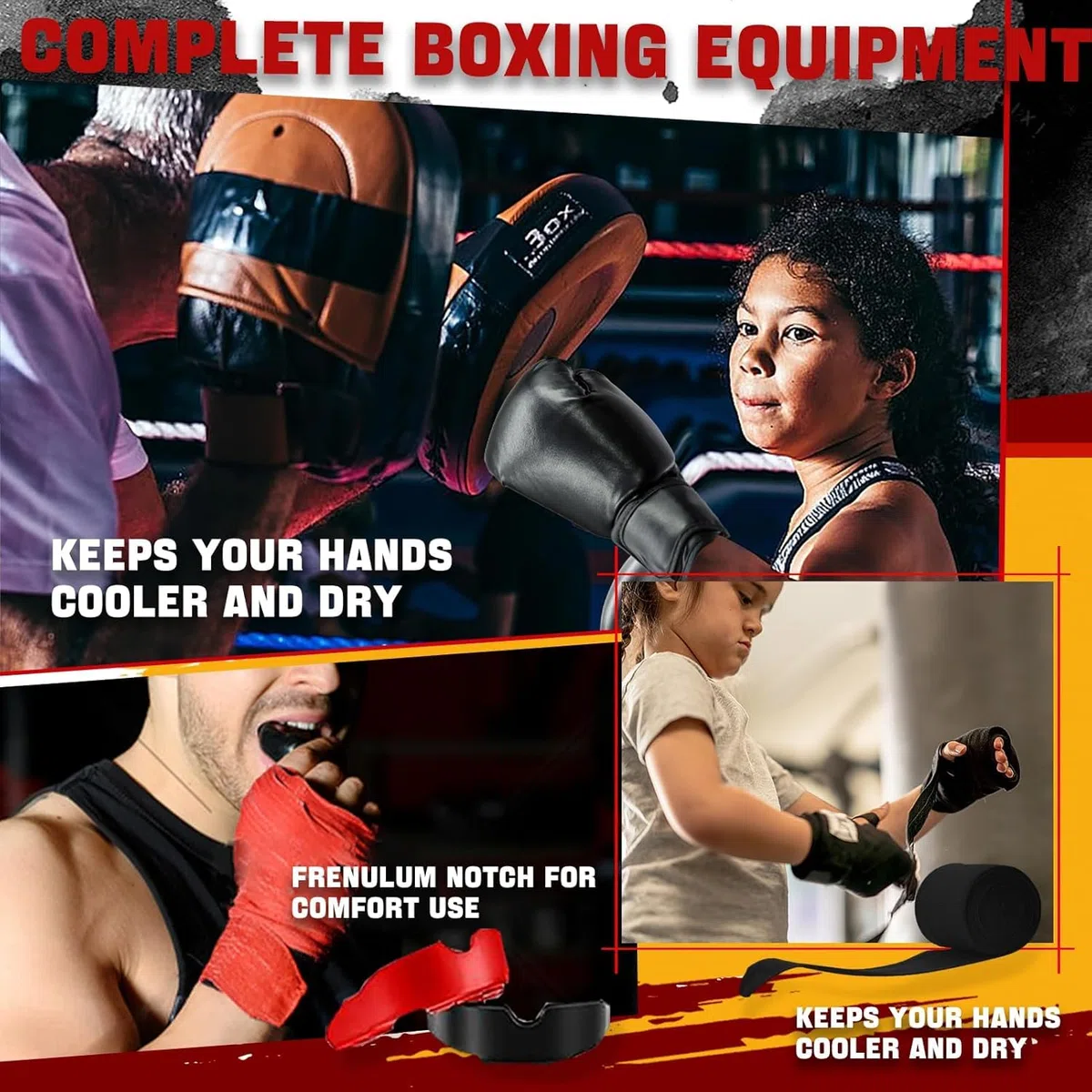 Ensemble de 14 pièces d'équipement de boxe pour débutants comprenant 2 paires de gants de boxe de 170,1 g, casque, bandages pour les mains, protège-dents, cadeaux pour adultes, jeunes