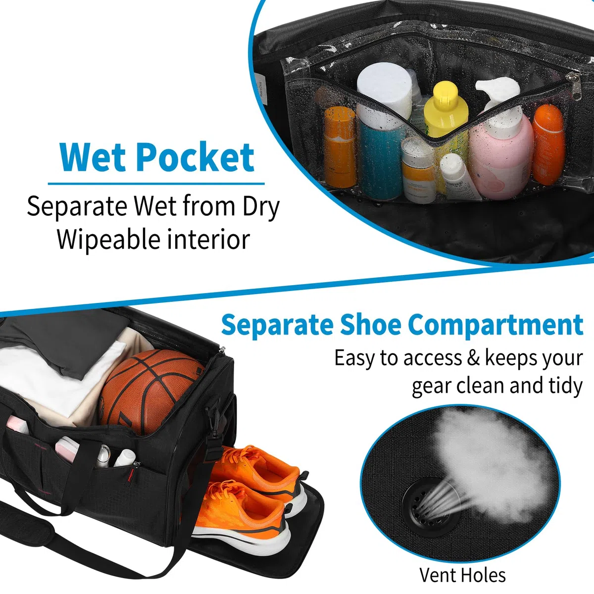 55L Grand Sac de Sport Homme - Sacs de Voyage avec Compartiments Chaussures et Humide, pour Weekend, Fitness, Gym - Noir