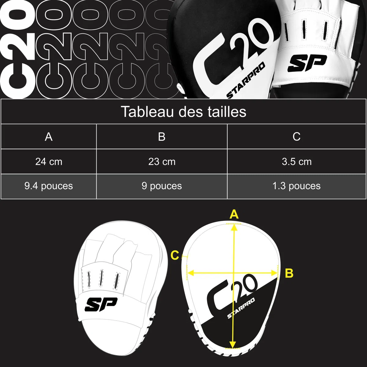Starpro C20 Pattes d'ours Boxe Incurvé en Cuir Synthétique pour Hook'n'Jab et Coaching en Boxe, MMA, Kickboxing, Arts Martiaux, Muay Thaï et Entraînement - Noir et Blanc