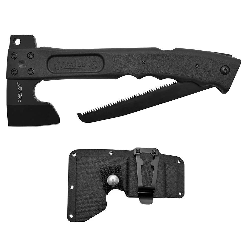 Camillus Camtrax Hachette, scie et Marteau 3 en 1, avec Gaine moulée, Lame 3Cr13 de 7 cm, Manche GFN, Noir, 30,5 cm