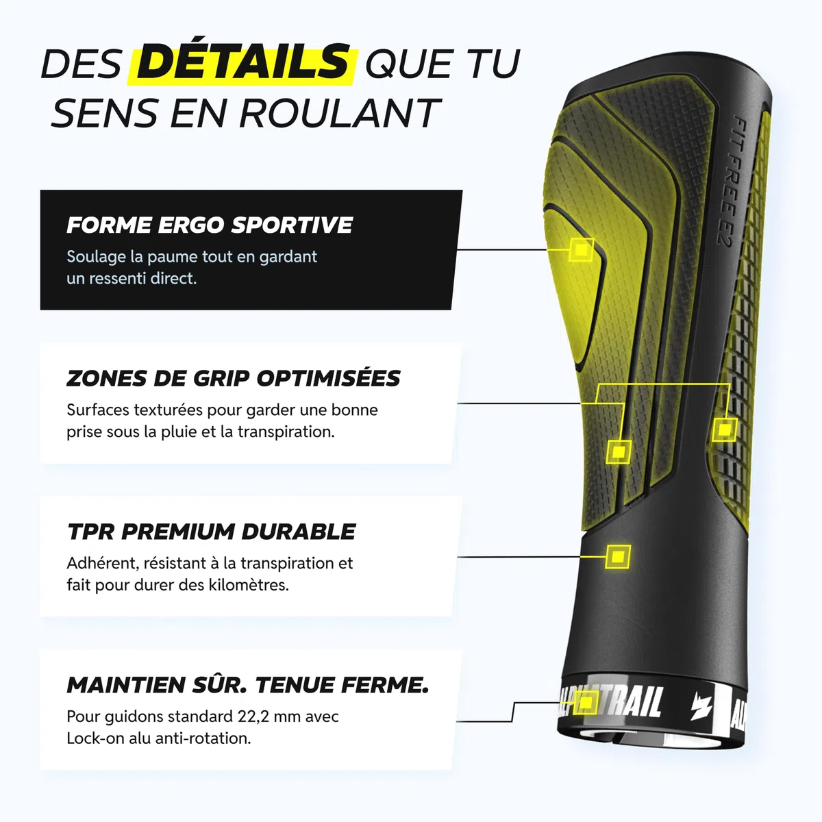 Alphatrail FitFree poignee Velo Ergonomique avec Toucher Naturel, poignée VTT Ergonomique Lock-on 22,2 mm, 1 Paire, poignée Ergonomique Velo pour randonnée, Trekking & vélo électrique