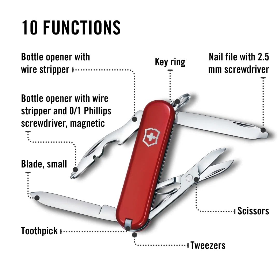 Victorinox Couteau de Poche Rambler, Petit, 10 Fonctions, Swiss Made, Outil Multifonction avec Tournevis Phillips, Ciseaux, Rouge