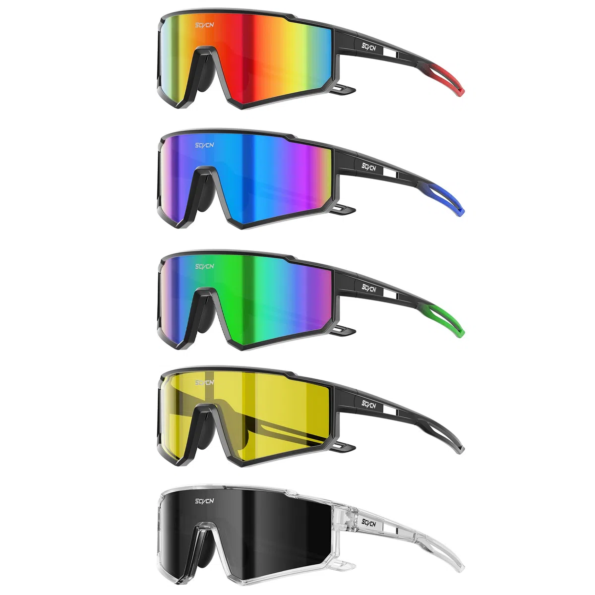 SCVCN Lot de 5 lunettes de cyclisme pour homme et femme, lunettes de vélo enveloppantes 31,6 g avec plaquettes de nez fixes antidérapantes, verres miroir UV400 pour route, VTT