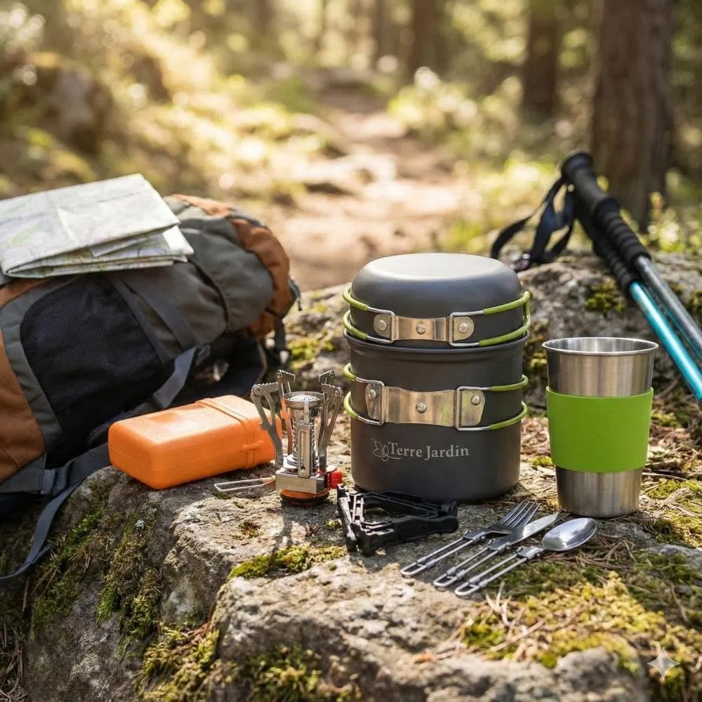 TERRE JARDIN Kit Popote Camping avec Réchaud 12 Pièces - Set Cuisine Camping Compact et Léger - Casseroles Antiadhésives, Réchaud Pliable et Accessoires Outdoor