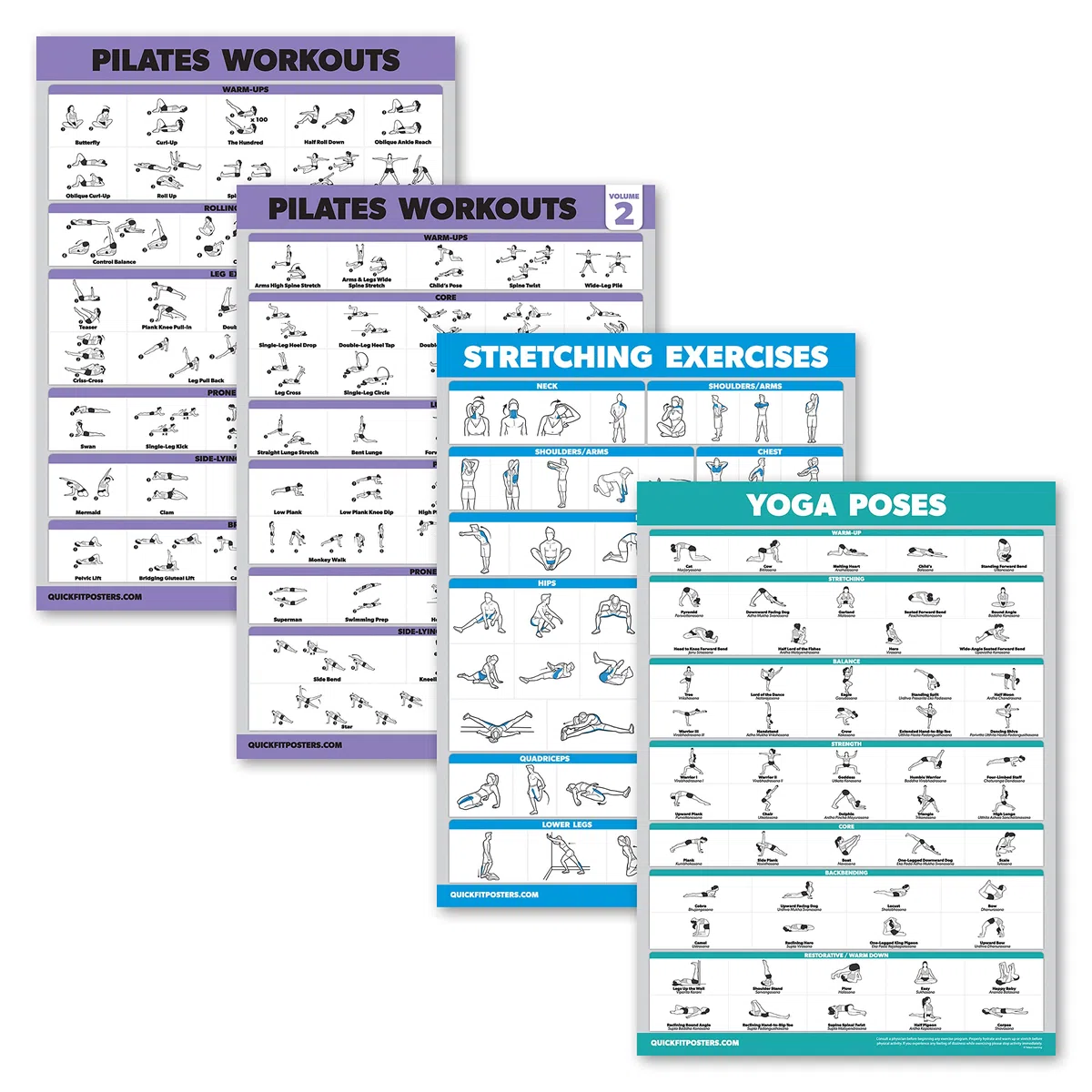 Lot de 4 affiches d'exercices de pilates volume 1 et 2 + étirements + poses de yoga (45,7 x 61 cm, laminé)