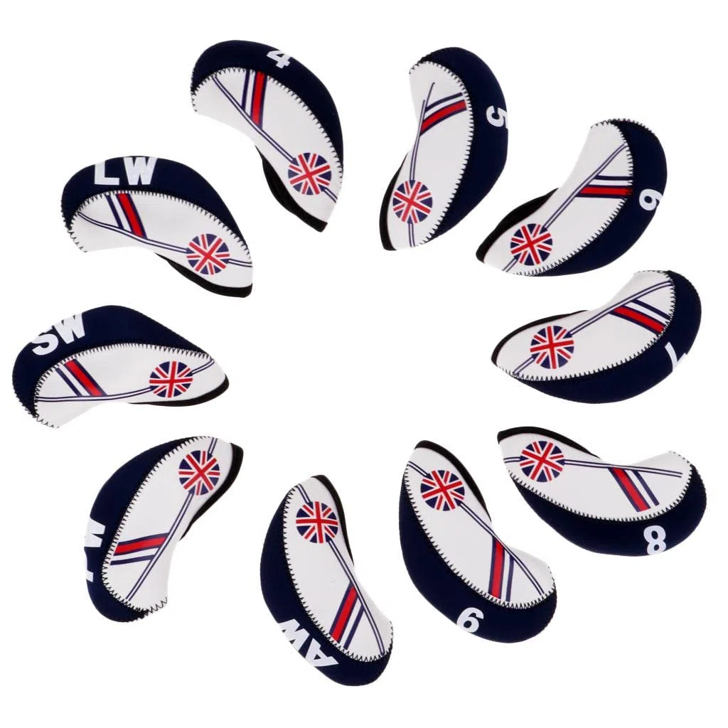 F Fityle 10pcs Golf Club Head Cover Wedge Iron Protective Headcover The Union Jack - Beige + Bleu Foncé, 14cmx6.1cm