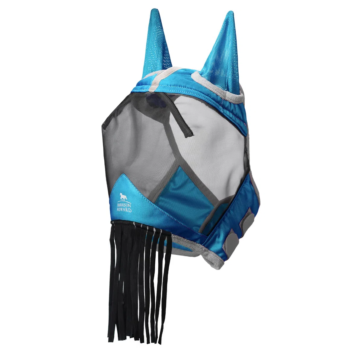 Harrison Howard CareMaster Masque Anti-Mouches pour Cheval avec Oreilles et Franges de Nez Bleu Ciel Taille complète