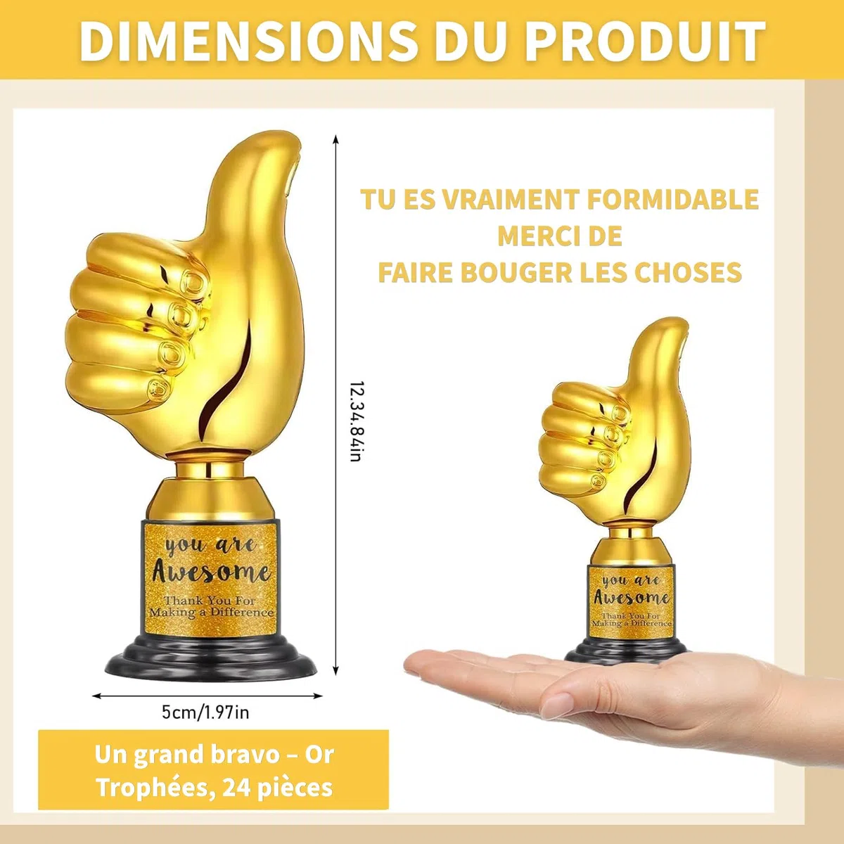24 Pièces Trophées Pouce Levé Dorés – Mini Trophées d’Encouragement avec Autocollants “Vous êtes Génial” – Récompenses pour Enfants, Enseignants, Employés, Bénévoles, École et Événements Sportifs