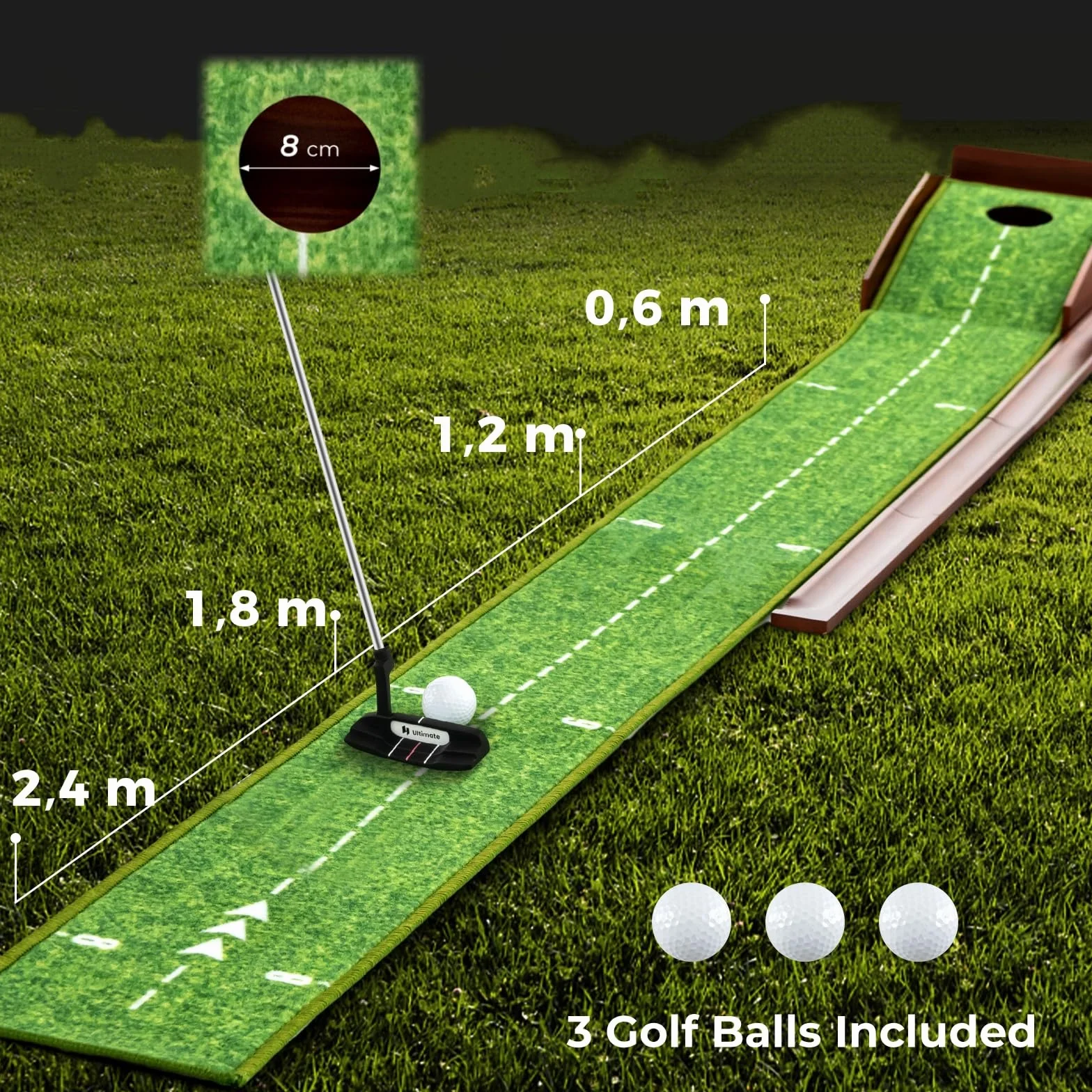 LIFEZEAL Tapis de Putting de Golf avec 1/2/3 Trous et Retour Automatique, Tapis d'Entraînement de Golf avec Boche, Enroulable et Portable, 3 Balons de Golf, Intérieur et Extérieur