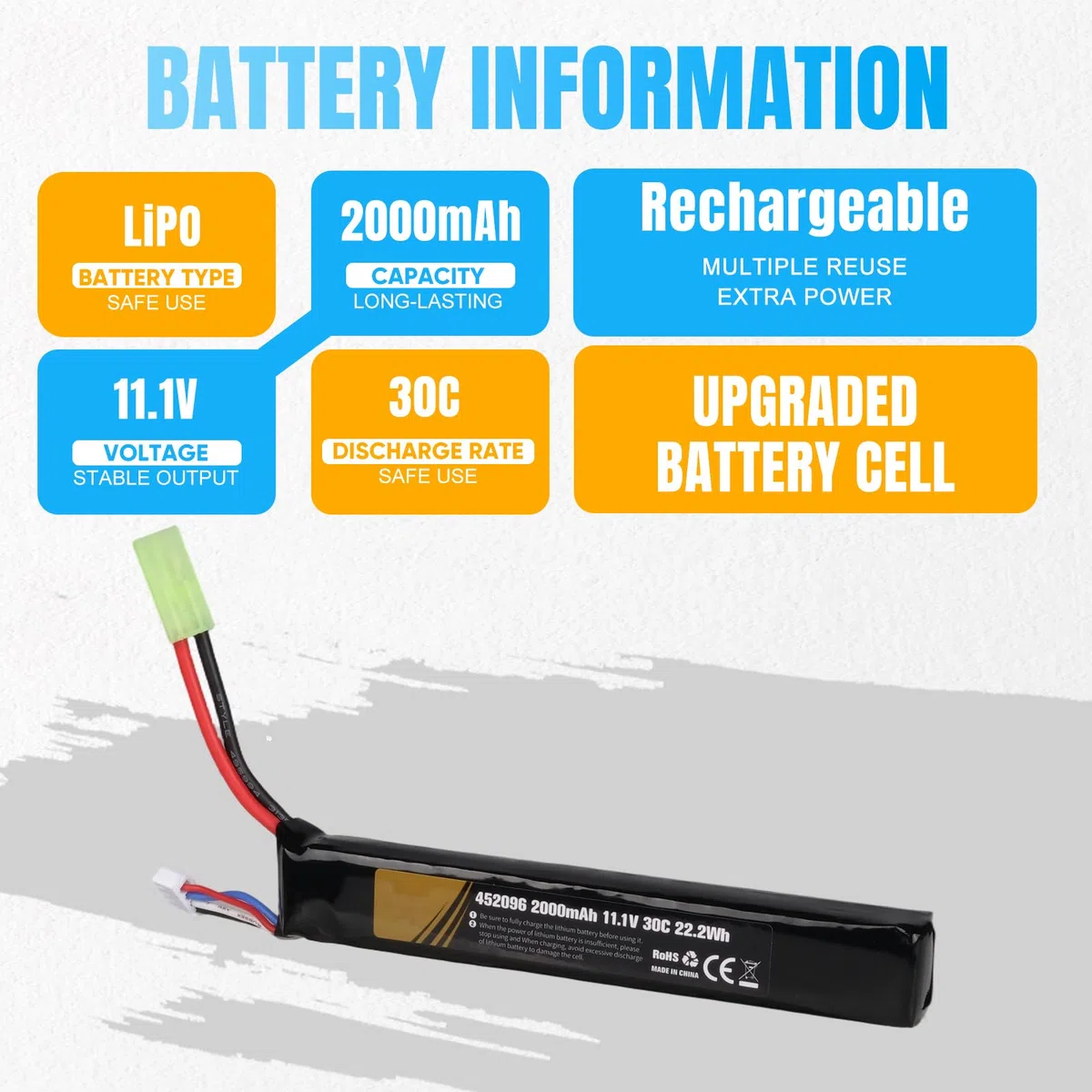 11,1 V 2000 mAh 30C 3S LiPo Rechargeable Batterie avec Mini Tamiya Connecteur, 22,2Wh Pack Compatible avec Airsoft M4, M110, AK47, L85, MP5, Scar, M249, AUG, AEG, MP5K, M60 Airgun Model