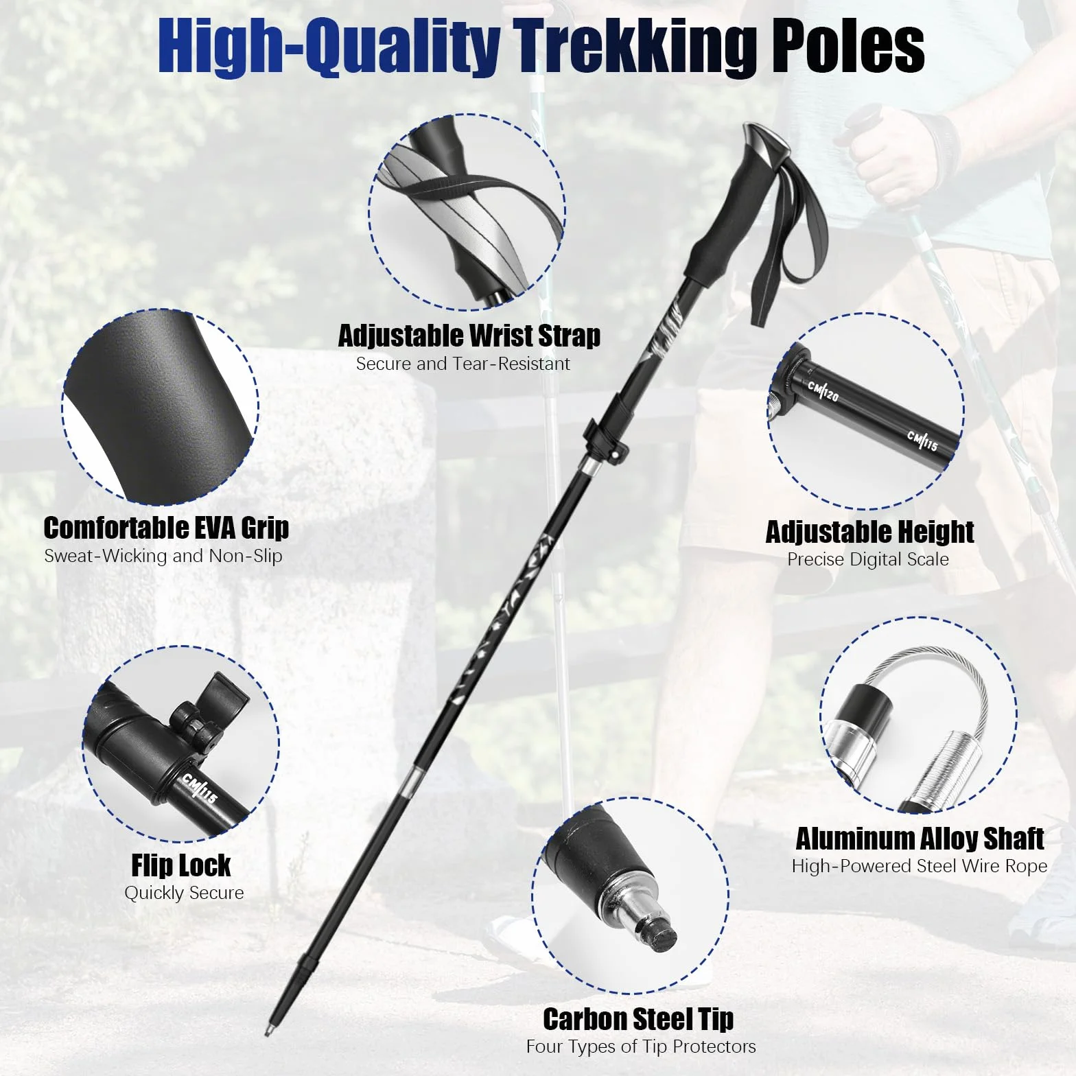 2 Pièces Baton de Marche Pliable, Bâtons de Randonnée en Alliage D'aluminium, Réglables 110-130cm, Baton de Marche Nordique avec 4 Paires de Tampons en Caoutchouc, pour Alpinisme, Trekking