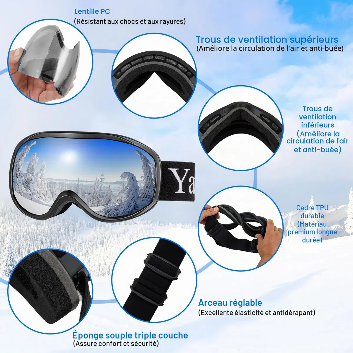 Yafaca Lunettes de Ski Anti-Buée Masque Protection UV400 Snowboard Compatible avec Casque OTG Sphérique Hommes Femme