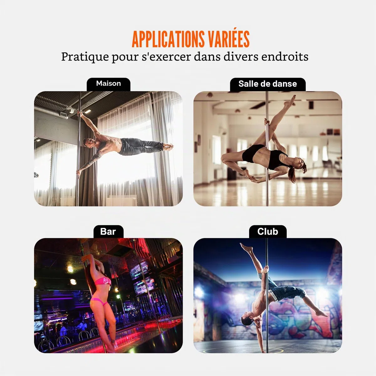 VEVOR Barre de Pole Dance Professionnelle, Pôle de Danse Statique et Rotatif, Kit de Danse à la Barre Verticale Amovible et Portable, Poteau en INOX Robuste 45 mm, Hauteur Réglable, pour Bar Domicile