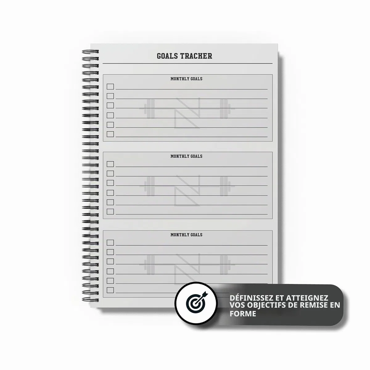 Journal d'entraînement A5, 144 pages avec sangle élastique et stylo, traqueur de fitness avec journal de progrès corporel, calendrier d'entraînement et planificateur d'objectifs, carnet de
