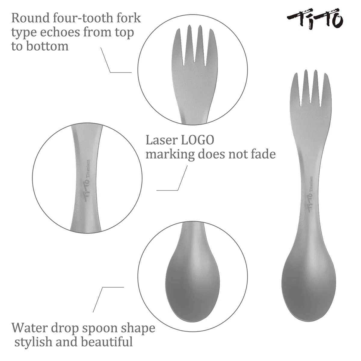 TiTo Titanium Fourchette et Cuillère en Titane 3 en 1 Ultraléger Portables Camping Multifonction Spork Cuillère Outdoor Camping Ustensiles Randonnée Pique-Nique