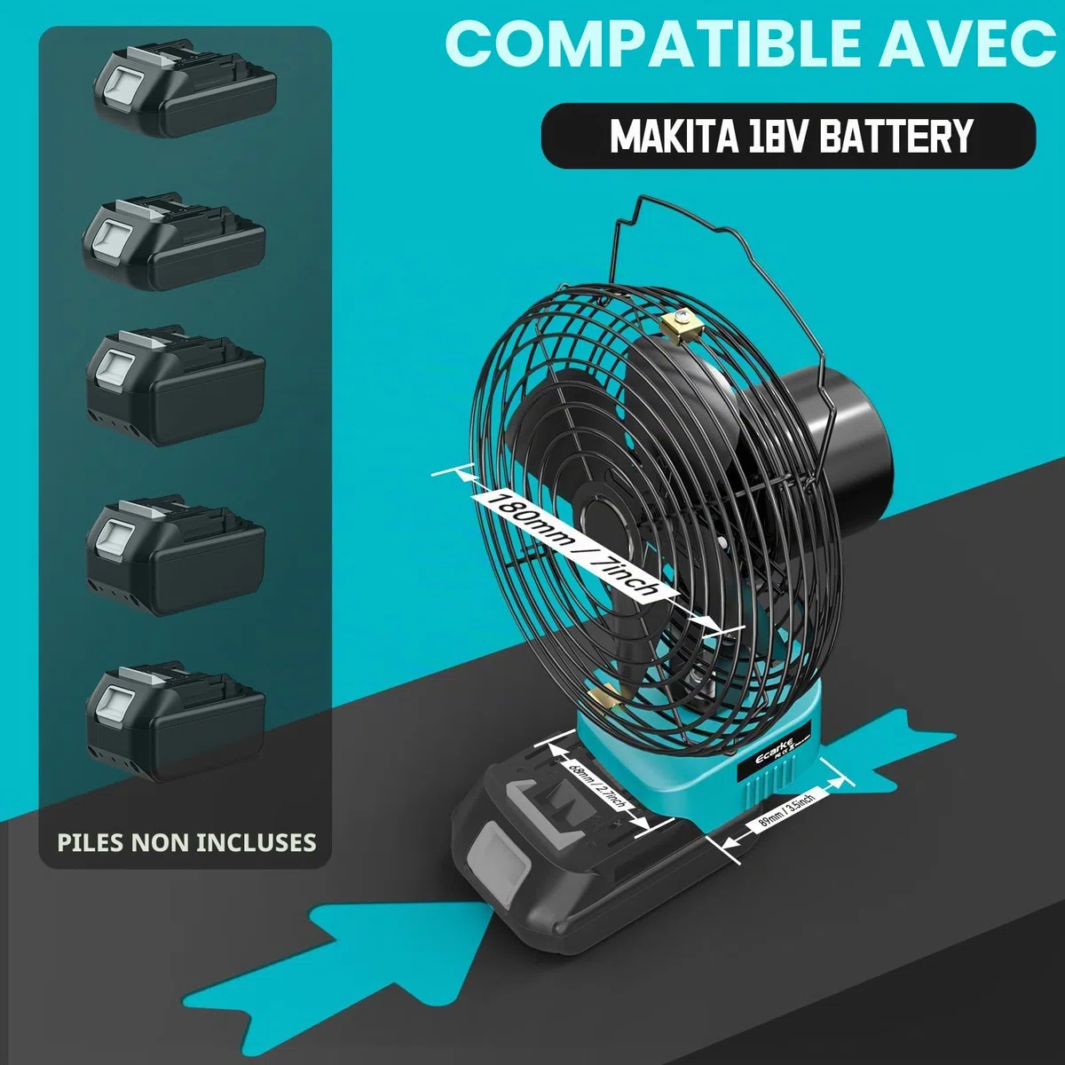 Ecarke Ventilateur Sans Fil 6 Pouces – Compatible avec Batteries Makita 18V, Ventilateur Portable avec Ports USB & Type-C – Idéal pour Camping, Atelier, Maison & Chantier (Sans Batterie ni Chargeur)