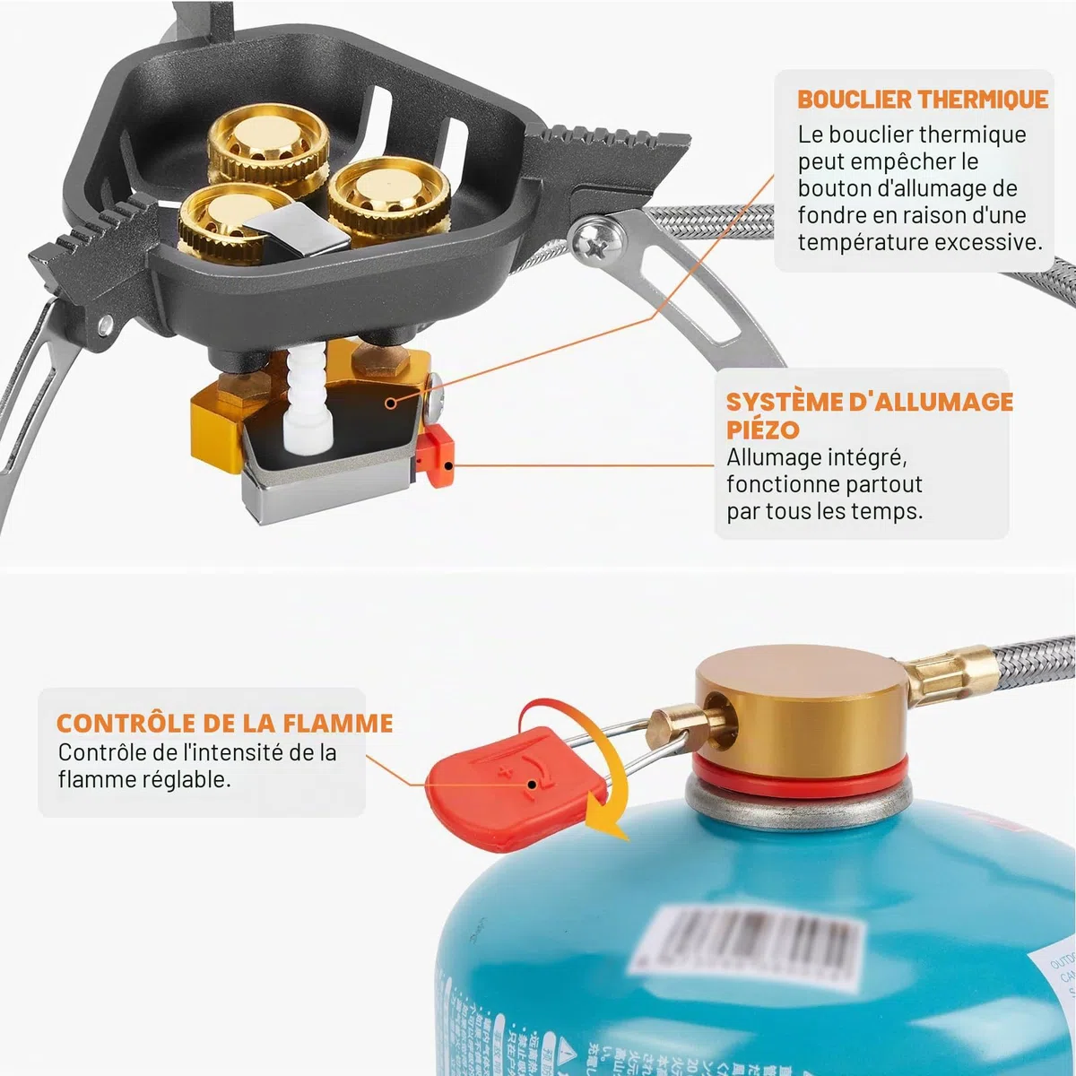 WADEO Réchaud de Camping, 7200w Résistant Au Vent Réchaud à Gaz de Camping Avec Allumage Piézo et Adaptateur de Butane, Réchaud Portable et Pliable Pour L'extérieur, Randonnée et Pique-nique, HG0328B