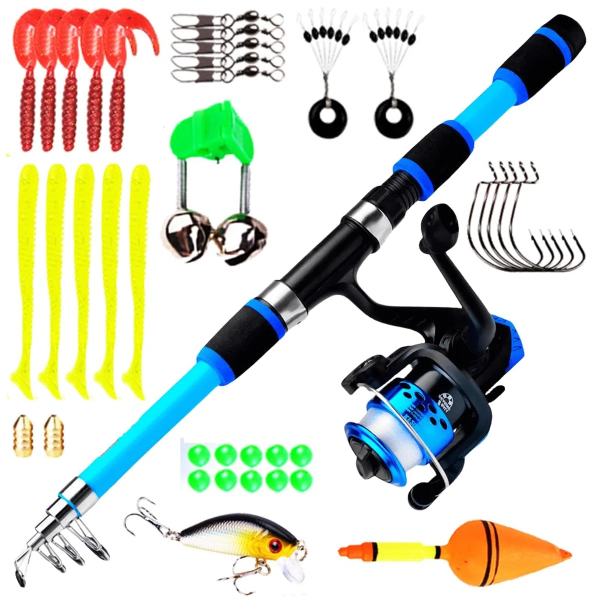 Kit de pêche pour enfants - Kit de démarrage - Canne à pêche télescopique de 1,8 m - Avec moulinet et appât - Accessoires de pêche pour enfants de 3 à 10 ans