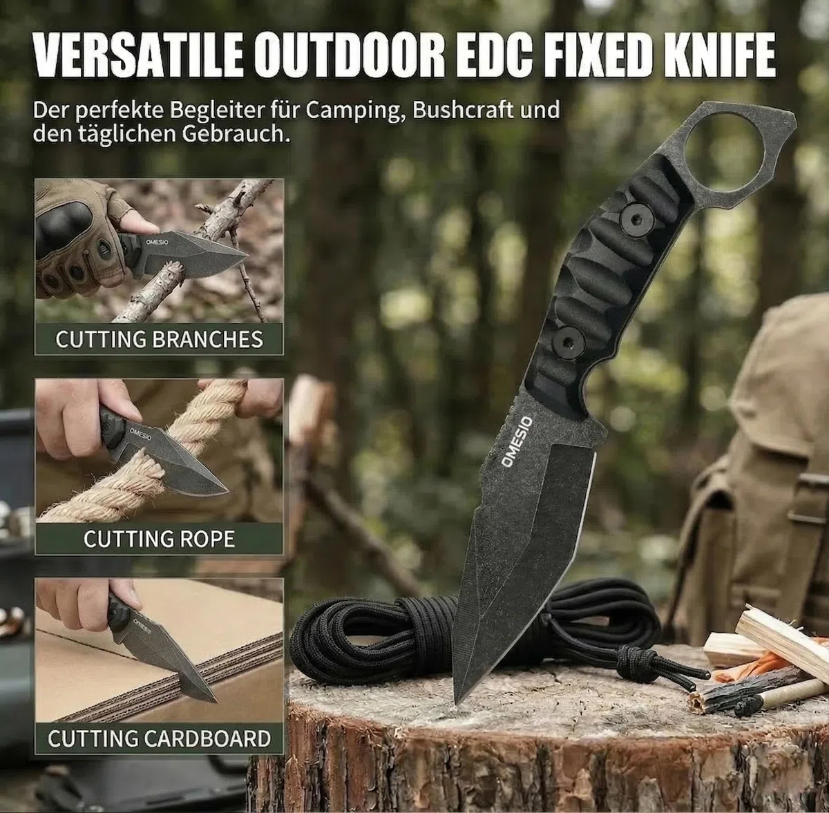 Omesio Couteau Ceinture | Couteau d'extérieur Full Tang en Acier 420 (HRC 56-58) | Lame Fixe de 10,5 cm pour Survie, Camping et Randonnée |Manche en ABS | Fourreau Inclus