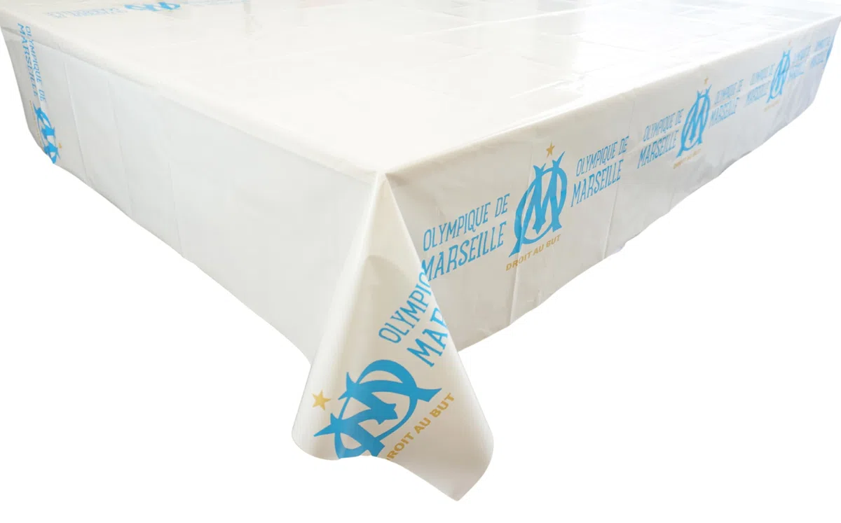 OLYMPIQUE DE MARSEILLE Pack 57 pièces Om : 1 Nappe 12 x Gobelet 12 x Assiette 20 x Serviette 12 x Sac à Bonbons - Collection Officielle