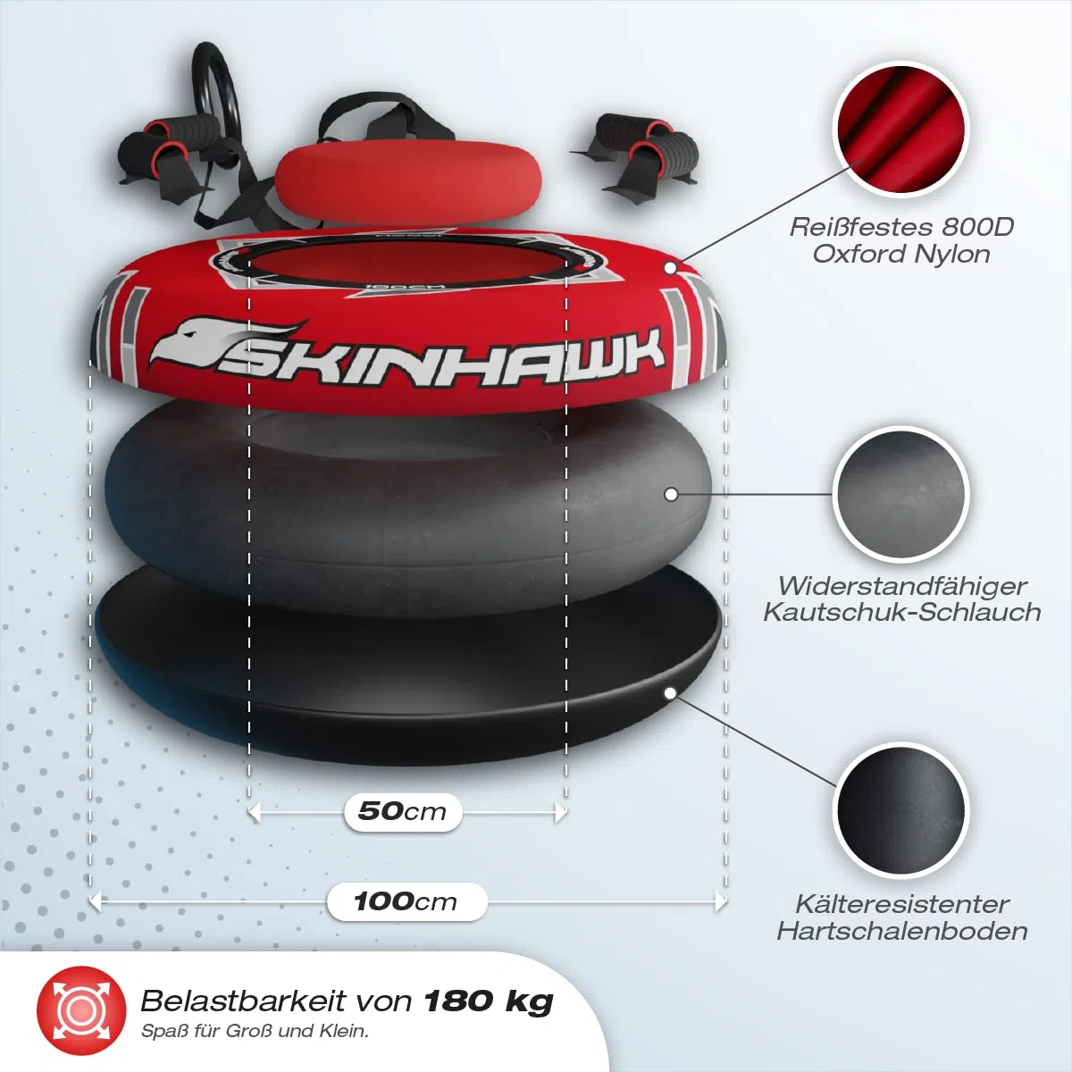 SKINHAWK SNOWTUBE Pneu de luge professionnel Rouge Ø 100 cm Avec pompe électronique haute performance 100 PSI