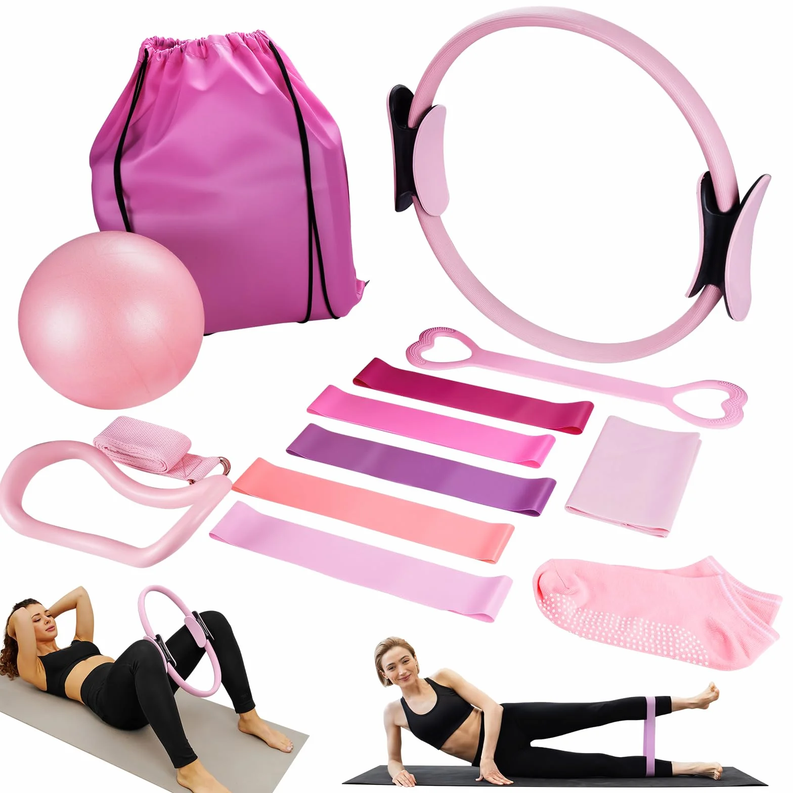 Lot de 18 Anneaux de Pilates avec Anneau de Pilates, Balle de Yoga, Bande de Fitness, Anneau de Tension, Anneau de Massage, Convient aux appareils de Fitness à Domicile