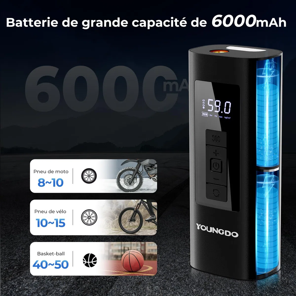 Pompe à Vélo Électrique 150PSI, YOUNGDO Compresseur à Air Portatif 6000mAh, Gonfleur Velo Portable, avec Lamp LED, pour Vélo, Moto, Balle