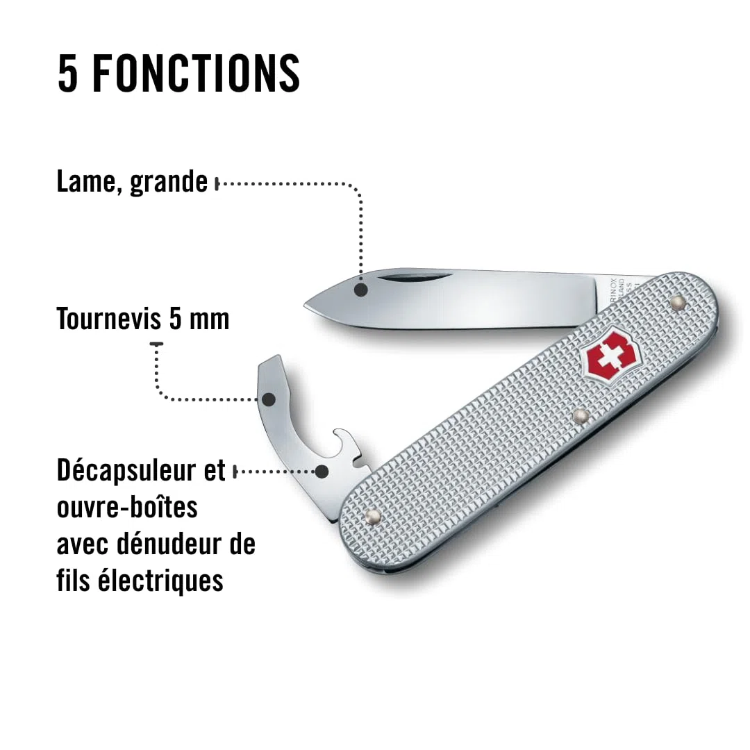 Victorinox Couteau de Poche Bantam, Petit, 5 Fonctions, Swiss Made, Outil Multifonction avec Lame, Ouvre-Boîtes, Tournevis, Argent