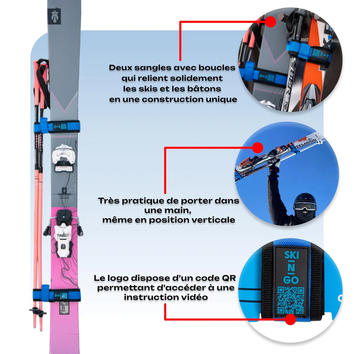 Porte-Skis et bâtons, Attache Ski pour Enfant et Adultes, Transport de Skis, Ski Fixation