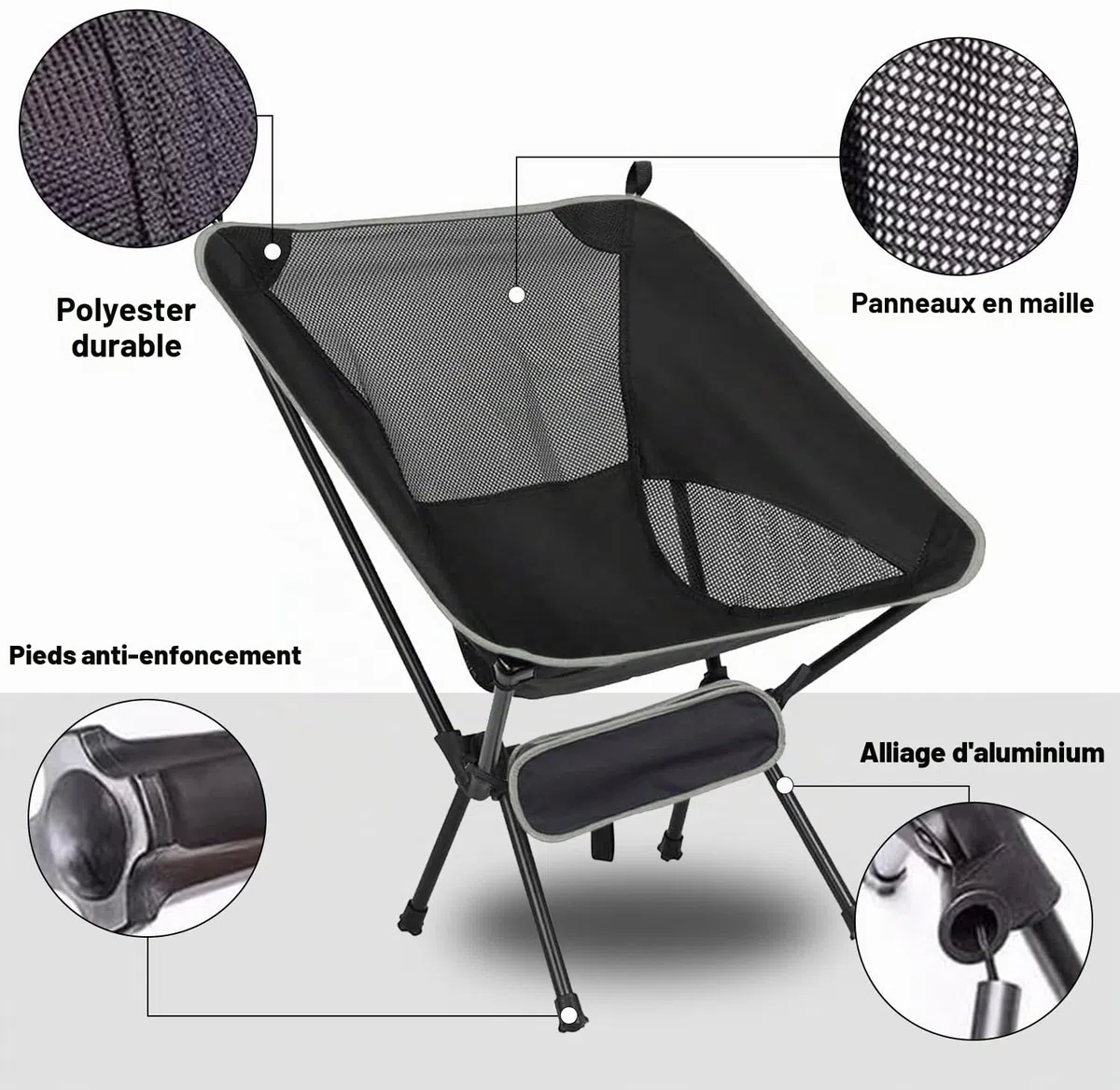 Chaise de camping, légère, portable, pliable, capacité de charge de 150 kg, tissu Oxford 600D, convient pour le jardin, les fêtes, la pêche, les expéditions, la randonnée, etc., gris