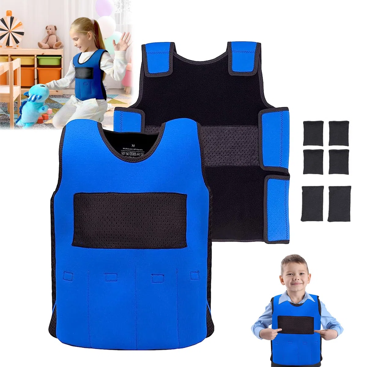Gilet Lesté pour Enfants, Gilet de Compression Gilet Lesté de Sécurité pour Enfants Souffrant de Surcharge Sensorielle ABR Autisme TDAH SPD SI Veste Lestée 1,3kg Poids Amovible, Bleu