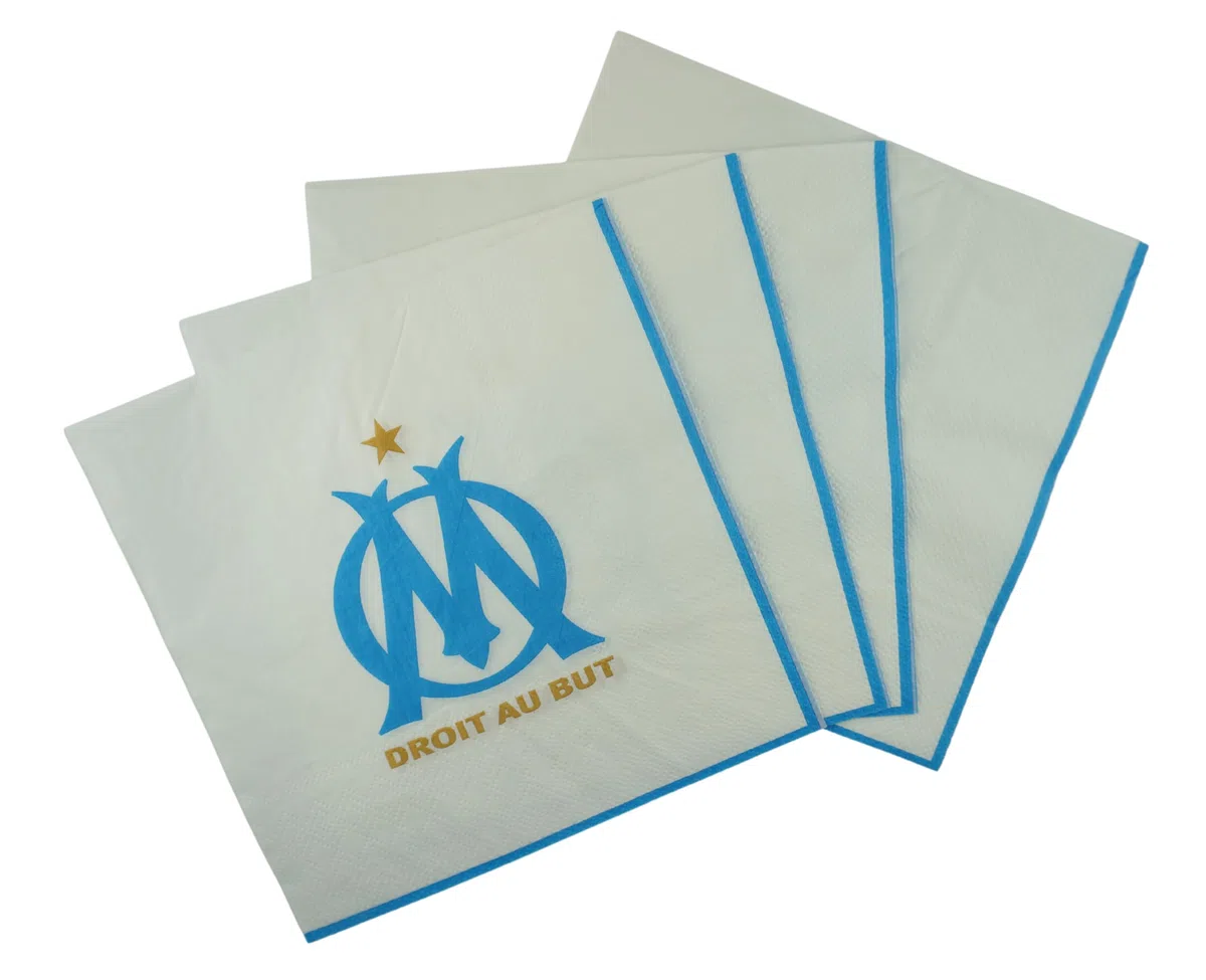 OLYMPIQUE DE MARSEILLE Pack 57 pièces Om : 1 Nappe 12 x Gobelet 12 x Assiette 20 x Serviette 12 x Sac à Bonbons - Collection Officielle