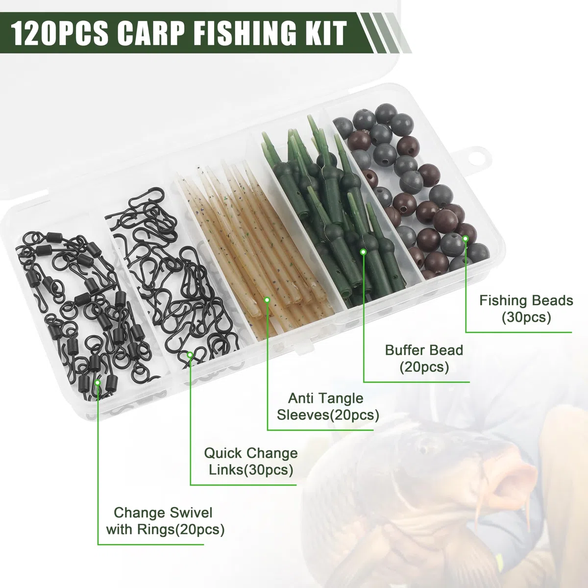Lot de 120 accessoires pour hélicoptère de pêche à la carpe - Manchons anti-nœuds - Changement rapide - Clips et perles