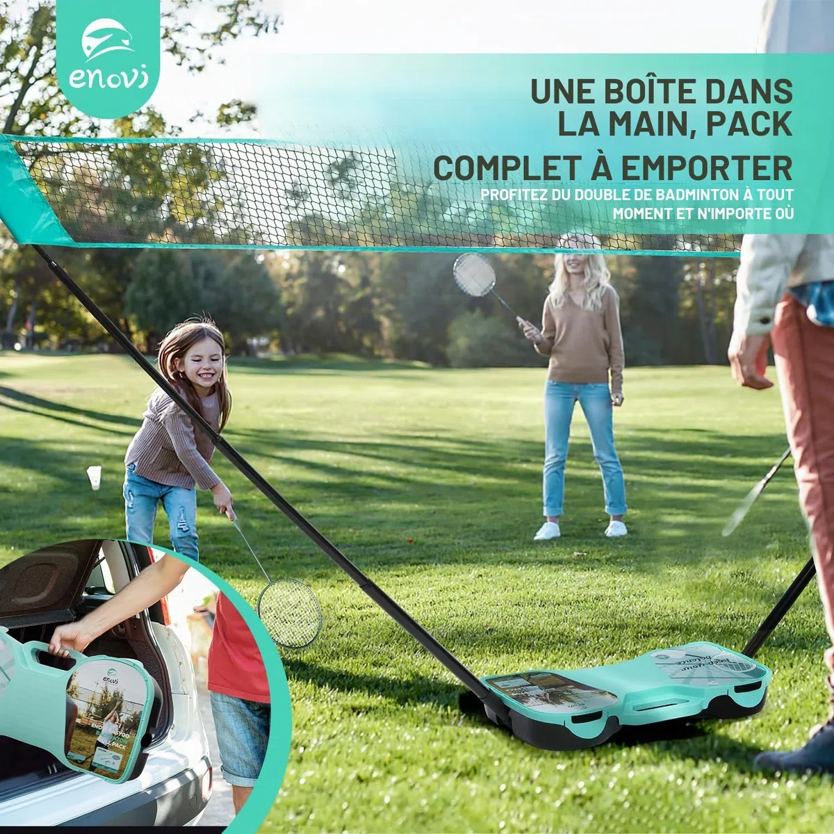 EasyGo Lot de volants de badminton avec 4 raquettes, filet de badminton, 4 volants de badminton, boîte de rangement portable