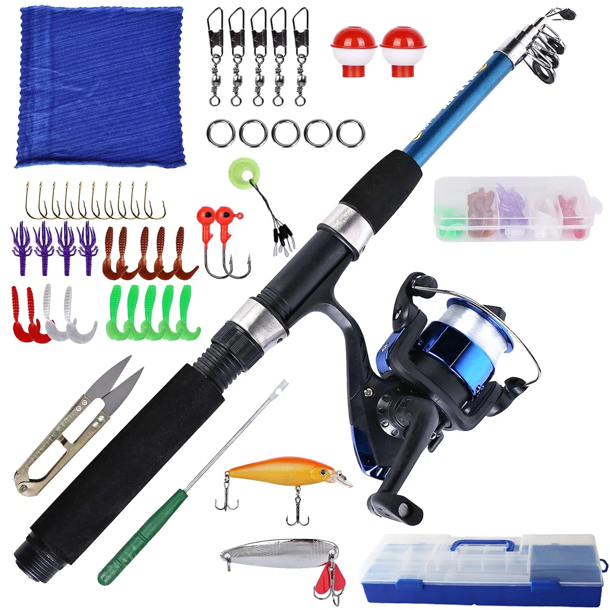 Afrode Kit de pêche pour enfants, kit de démarrage avec moulinet et appât, canne télescopique en fibre de carbone de 1,5 m, accessoires de pêche