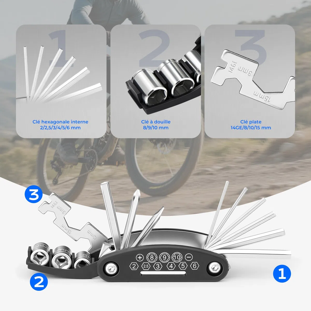 Kit Reparation Velo, Trousse Outils de Vélo, Outil Multifonction 16 en 1, Kit Crevaison Velo avec 3 Levier Pneu Velo, Rustine Velo Accesoire pour Bicyclette, VTT, Cyclisme