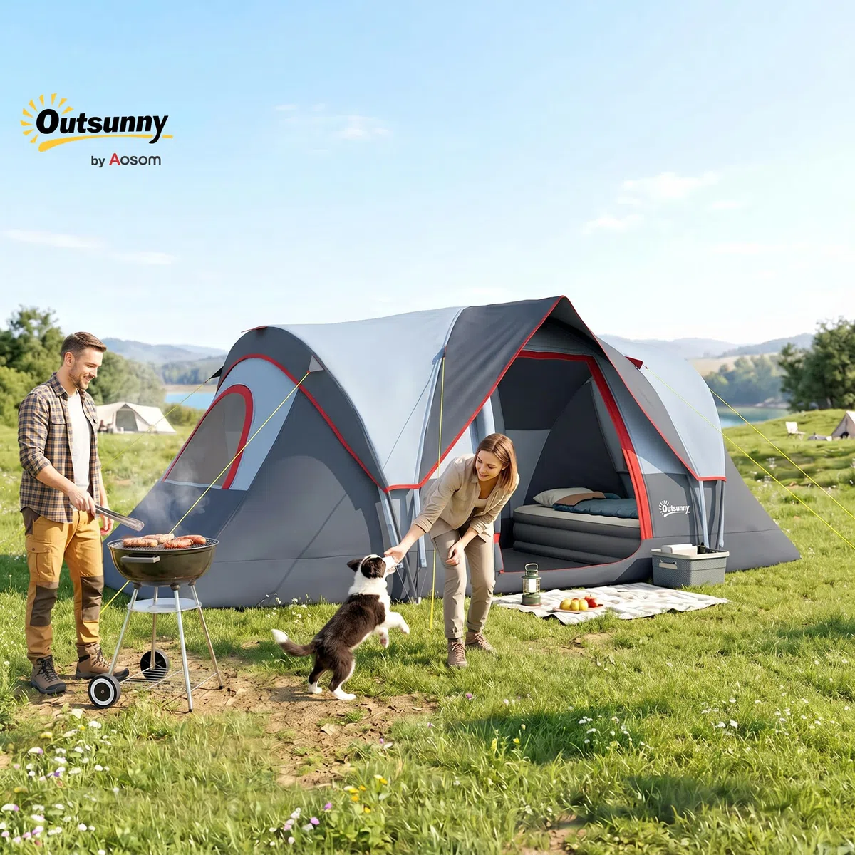 Outsunny Tente de Camping familiale 5 pers. - Tente tunelle ventilée Facile à Monter - Grande Porte + 2 fenêtres - 4,55L x 2,2l x 1,8H m Fibre Verre Polyester Oxford
