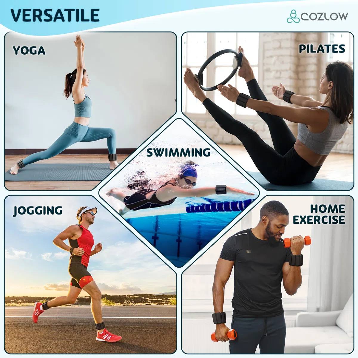 Cozlow - Poids de cheville + de poignet - pour hommes + femmes - 1 paire, différentes couleurs - Sangles d'entraînement réglables en silicone pour yoga, danse, course à pied + gym