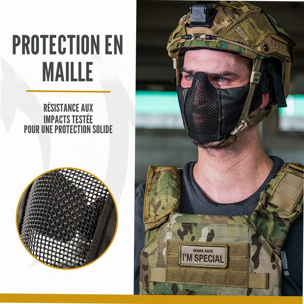 OneTigris Demi-Masque de Protection du Visage Pliable en Maille pour Airsoft Paintball CS L/S